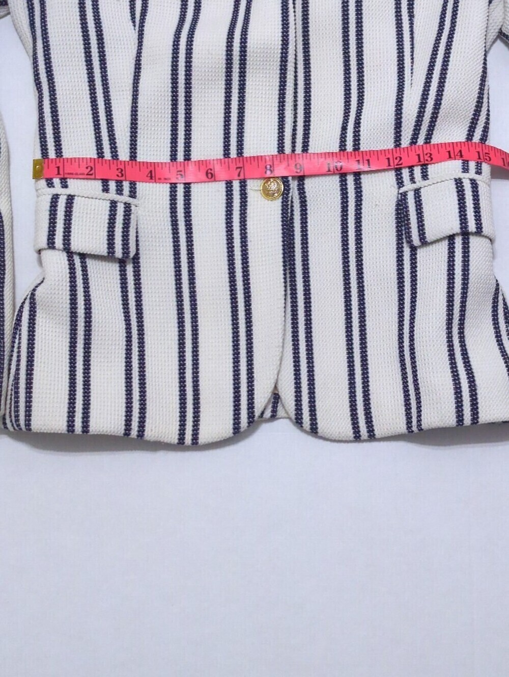 Zara Textured Knit Striped Blazer XS Ivory Navy Gold Button Nautical Preppy - Picture 11 of 12